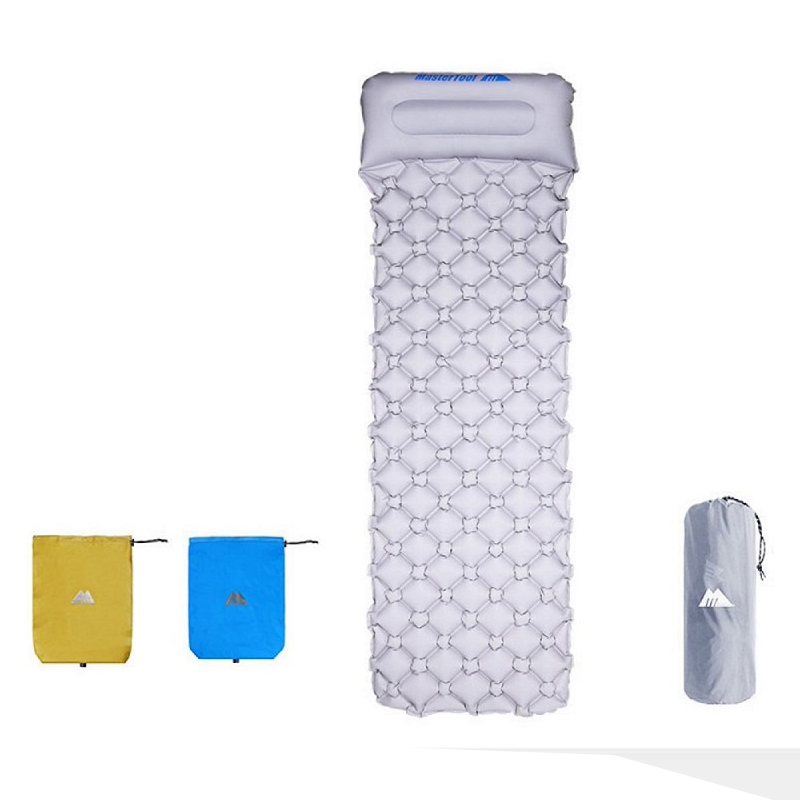 MasterTool - Single size Inflatable Sleeping Mat with Pillow, Gray, with Inflatable bag, size of 195x61x5cm