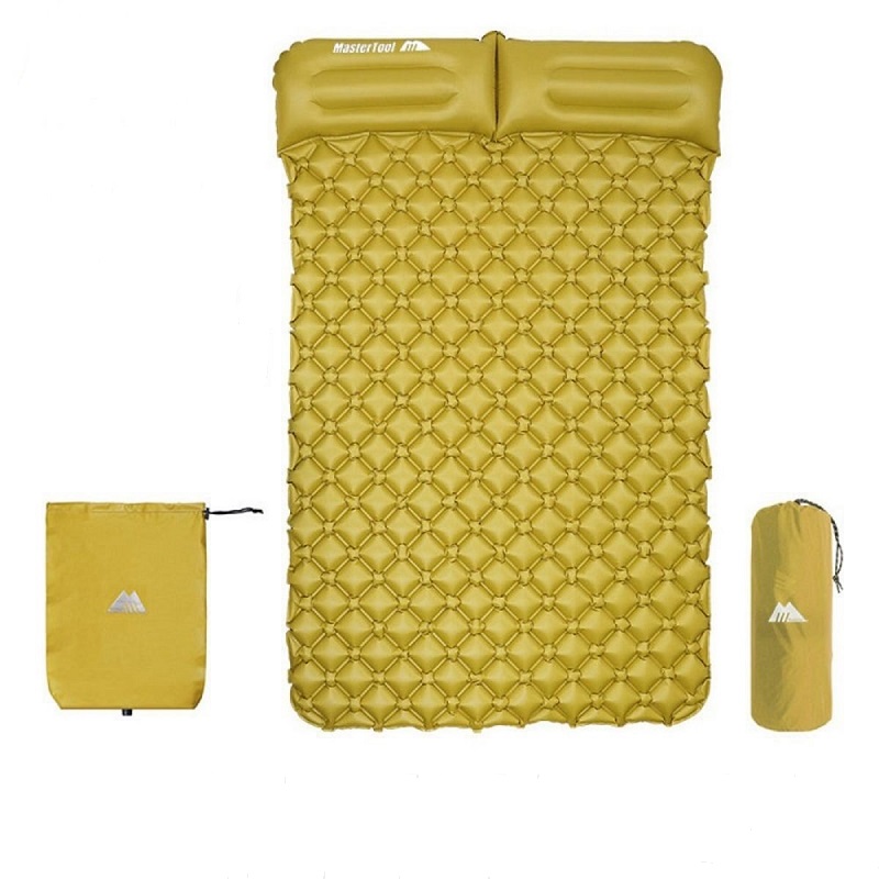 MasterTool - Double Large Size Inflatable Sleeping Mat with Pillow, with Inflatable Bag-Yellow, 195x128x5cm