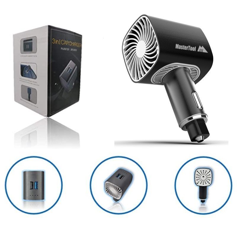 MasterTool - Car Charger，3 in 1 ionizer Air Purifier with Fan, Window Breaker, with USB QC 3.0 Fast Charging