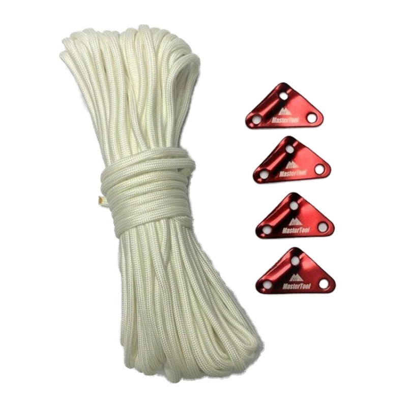 MasterTool - Paracord, Nylon, 550lbs - Length of 15 meters（290-5C50-15_White）+Rope Tensioners, Red（4pcs/pack)