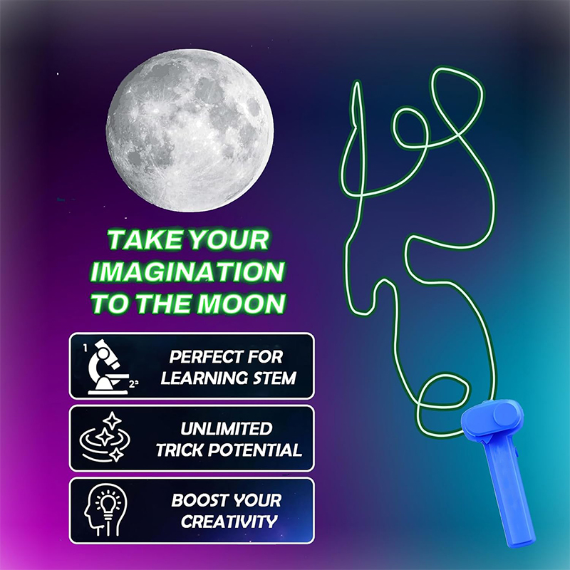 Glow-in-the-dark rope launcher propeller. Handheld novelty lasso shooter. Cool glow-in-the-dark rope