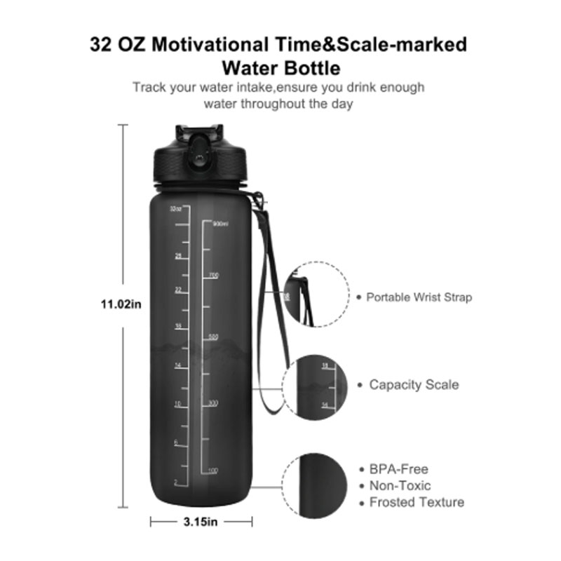 Large 32 Ounce BPA-free, Black Plastic Drinking Bottles With Strap,No Straw, Leakproof Lightweight