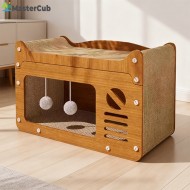 MasterCub ExhibitCat Cardboard House with Scratch Pad, Cat Hideaway Playhouse with Scratching Board