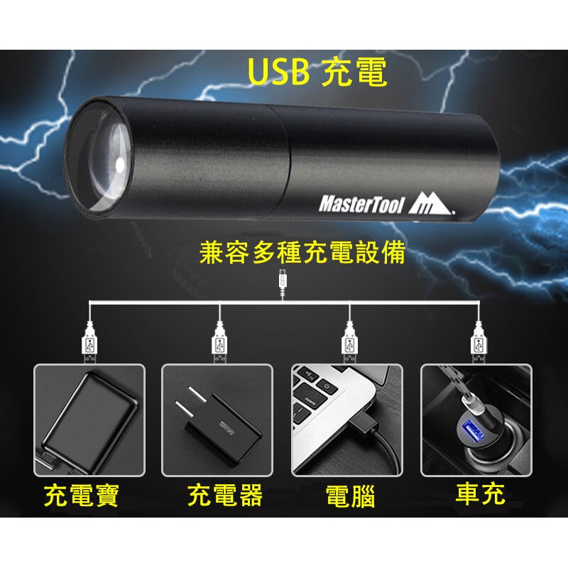 MasterTool - Mini USB Rechargeable Bright Flashlight 100 Lumens Micro Mini Torch IP44 Waterproof