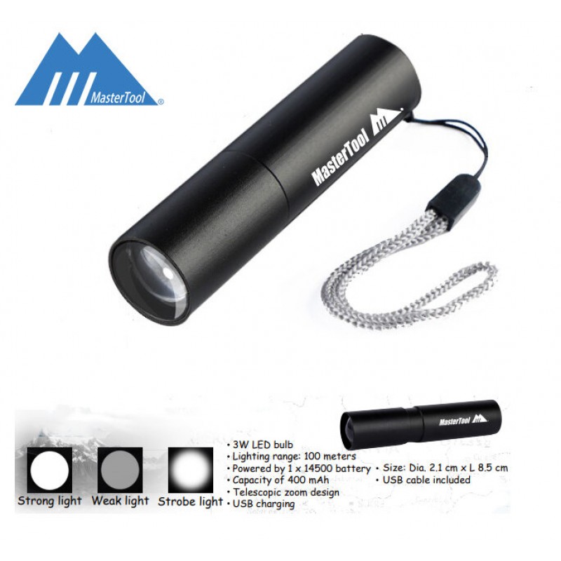 MasterTool - Mini USB Rechargeable Bright Flashlight 100 Lumens Micro Mini Torch IP44 Waterproof