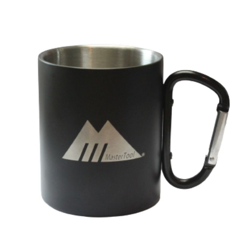 MasterTool - Double Stainless steel wall cup, Coffee cup, Black Coffee cup with black carabiner