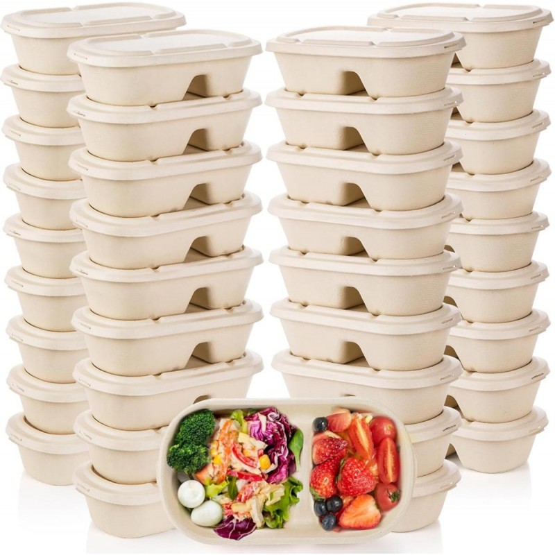 【2 compartments | Microwaveable | 50 pieces】Savingoasis Environmental bamboo pulp paper lunch box
