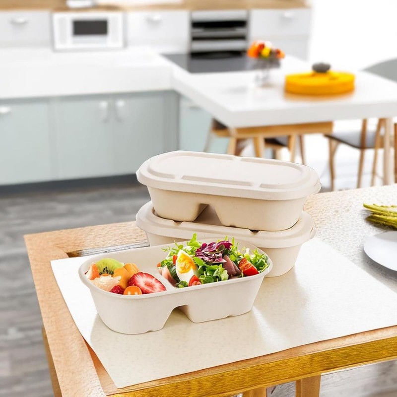 【2 compartments | Microwaveable | 50 pieces】Savingoasis Environmental bamboo pulp paper lunch box