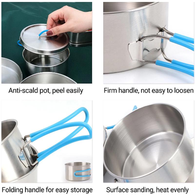 MasterTool - 304 Stainless Steel Cooking Pot, Outdoor Camping 1-2 Persons Stainless Steel Cooking Pot Set