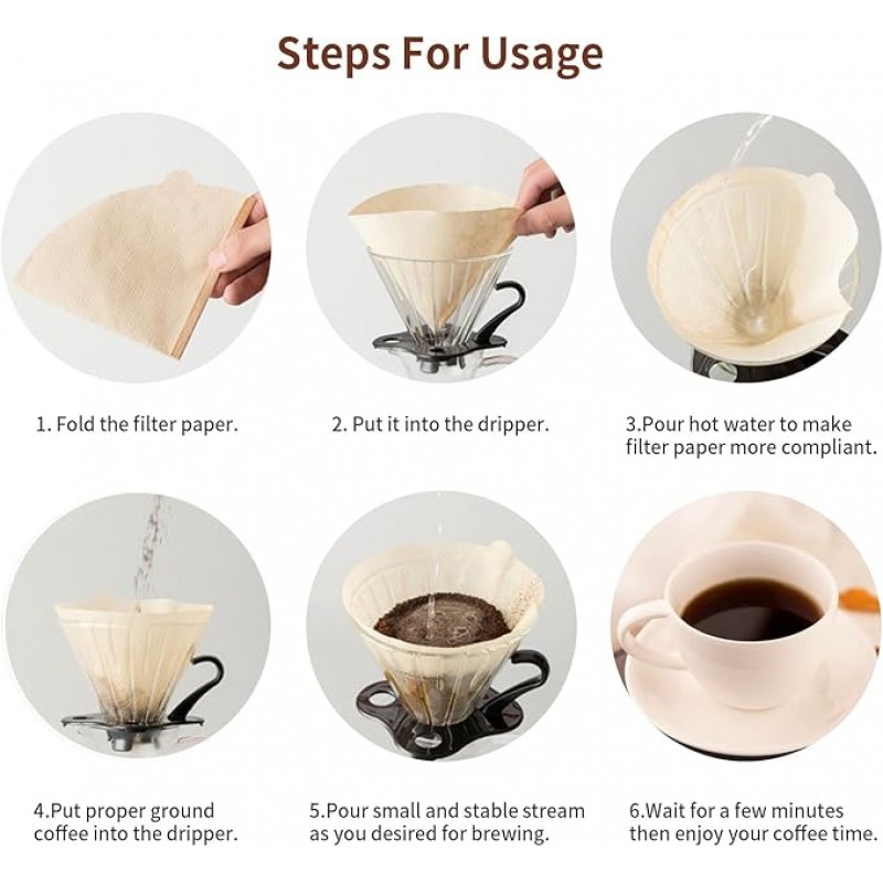 V-shaped natural Brown unbleached cone coffee filter paper (Brew 1-2Cups /100sheets)